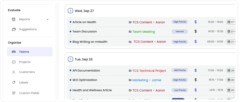 main dashboard of clockdiary