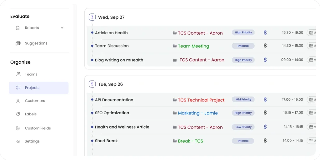 Clockdiary main dashboard from we can assign the projects