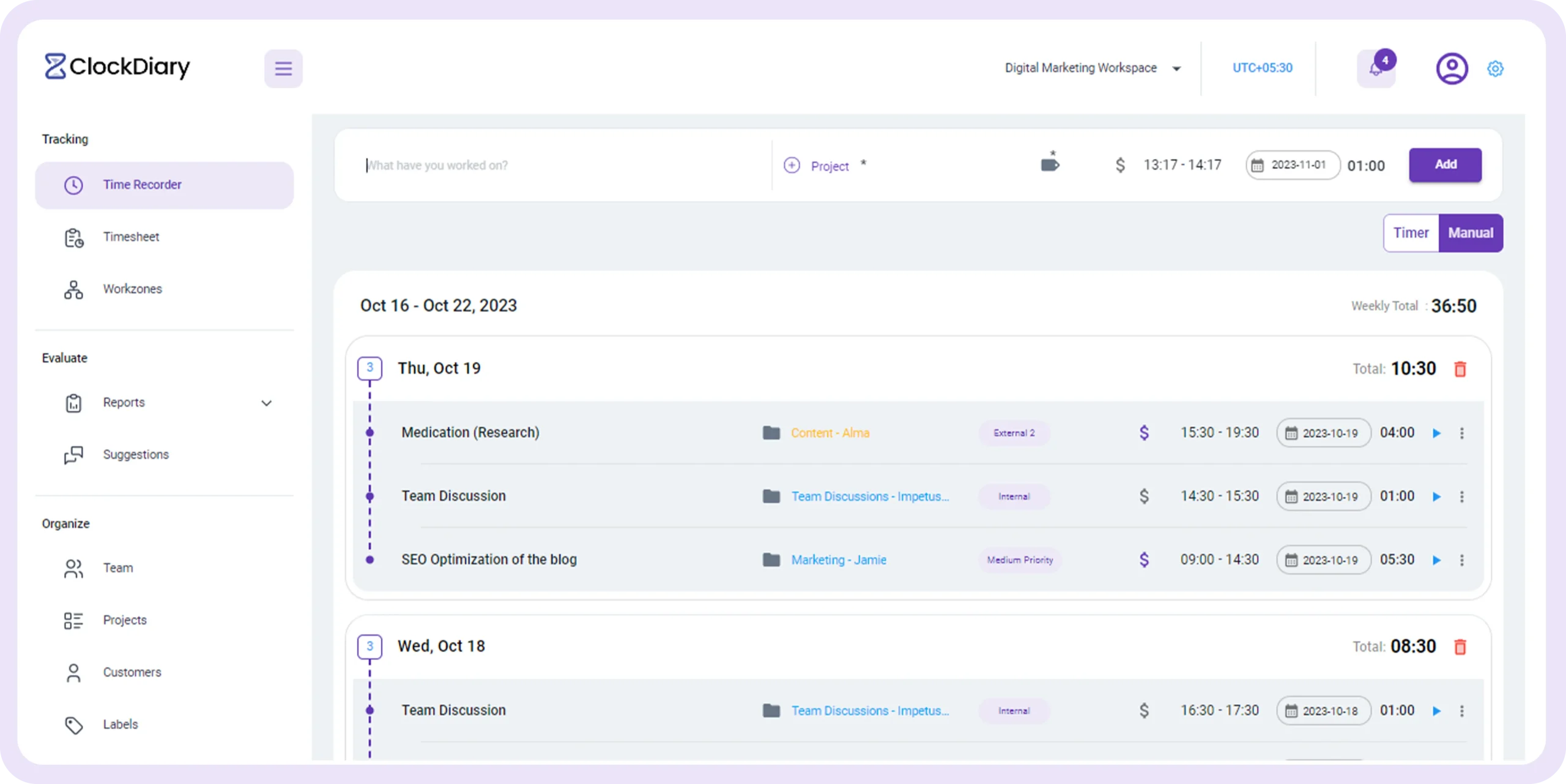 Time Tracking in Clockdiary