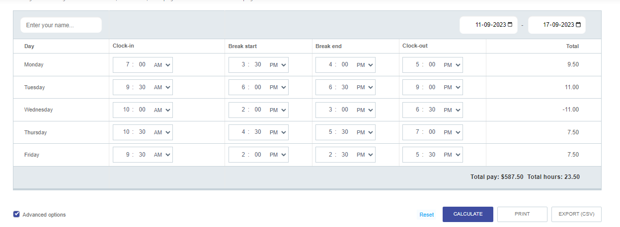 Download your data from Time clock calculator