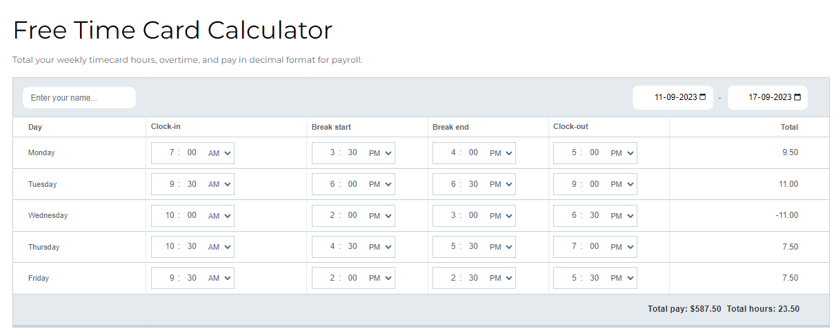Total pay in Time card calculator