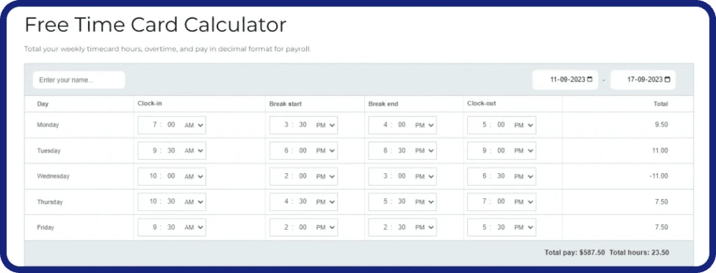 Clockdiary Free Time Card Calculator