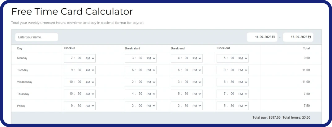 Clockdiary Time Card Calculator