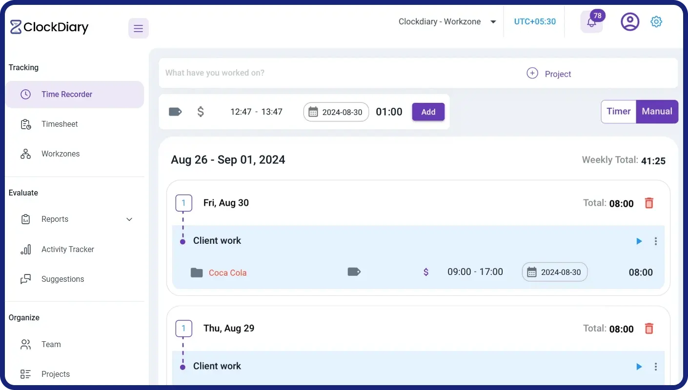 Clockdiary Time Recorder Page