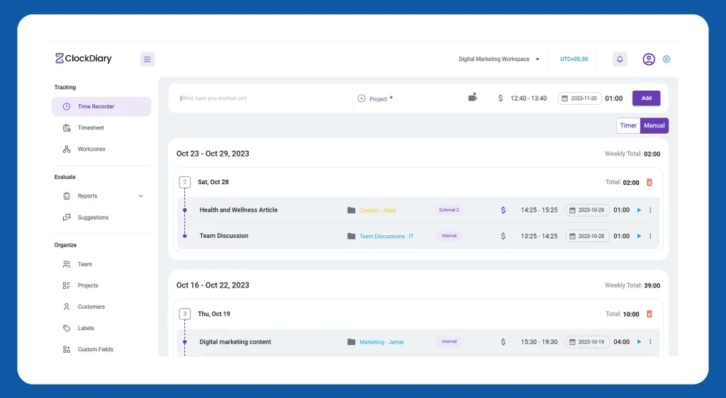 Clockdiary Time Tracking Features 