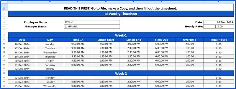 Bi-Weekly Timesheet Template