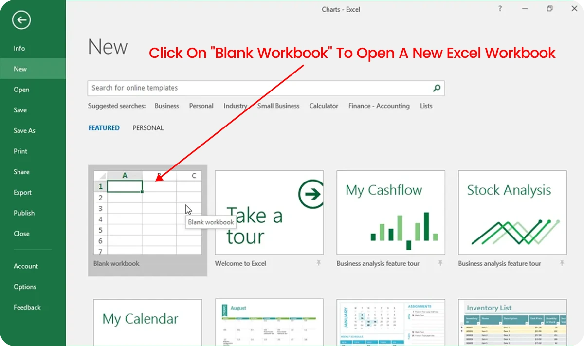 Click on "Blank Workbook" to Open a New Excel Time Tracking Workbook 