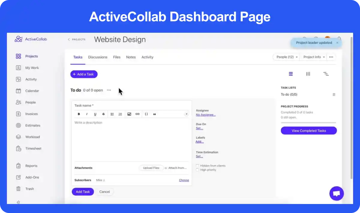 ActiveCollab Task Management Software Dashboard Page 