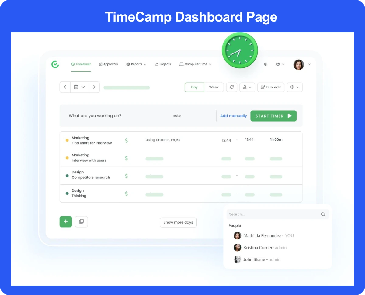 TimeCamp Task Management Software Dashboard Page 