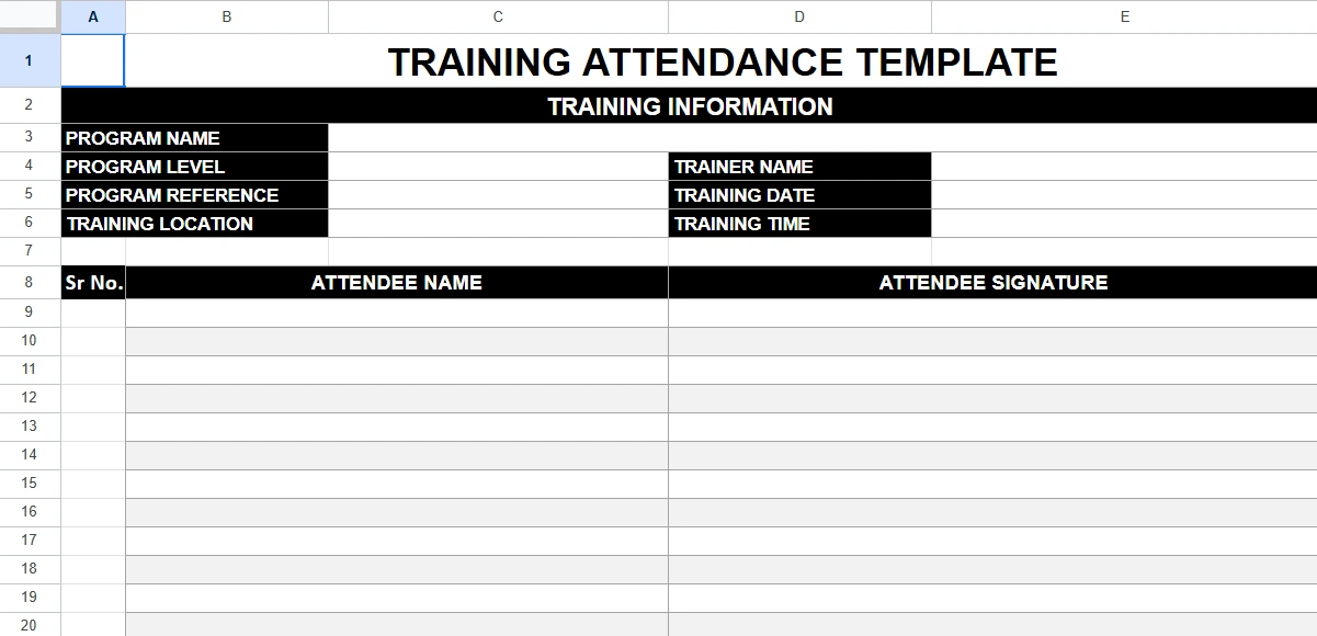 Training session Attendance Template