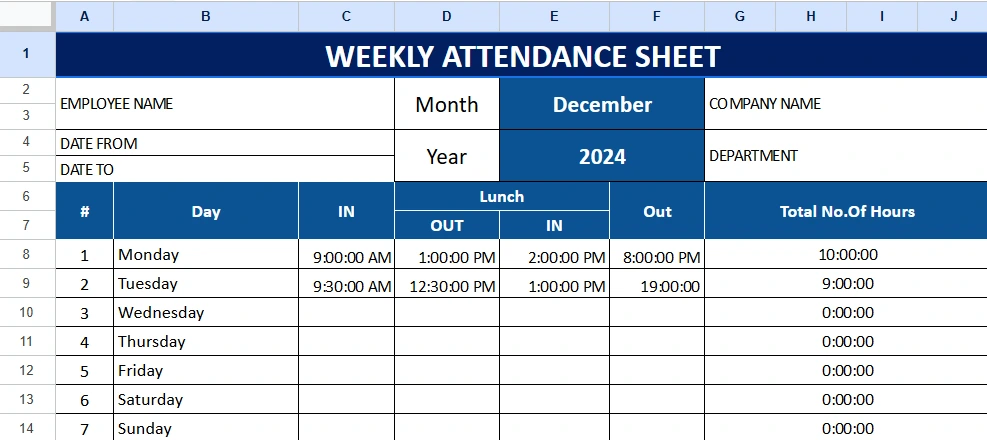 Weekly Employee Attendance Template