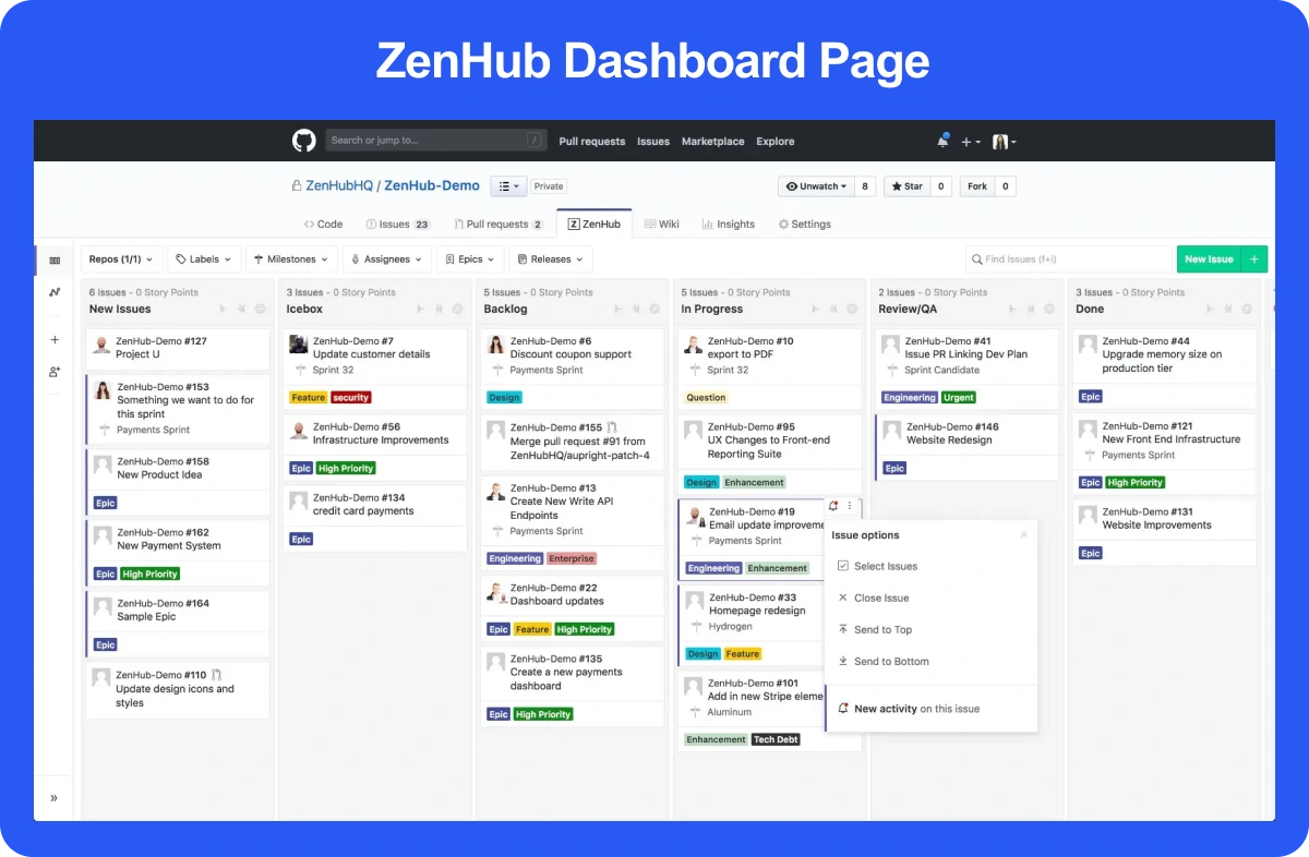 ZenHub Task Management Software Dashboard Page 