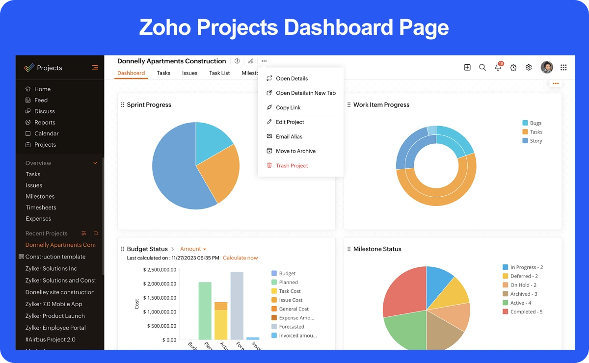 Zoho Projects Task Management Software Dashboard Page 