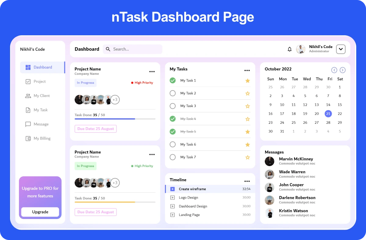nTask Dashboard Page 