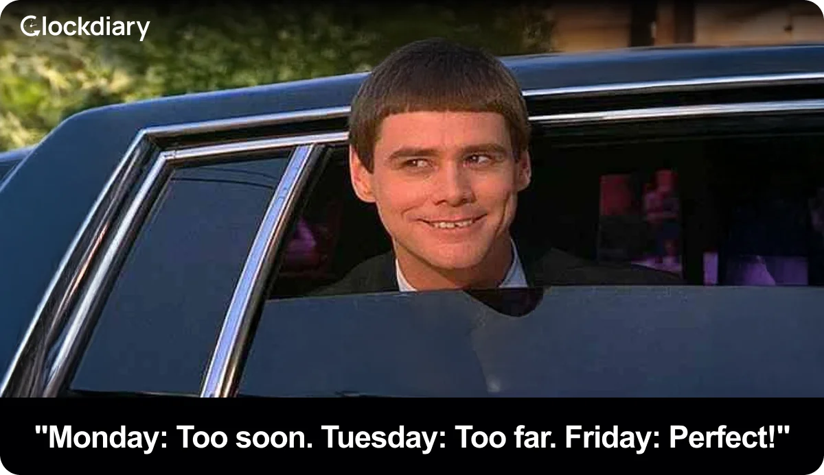 Monday: Too soon. Tuesday: Too far. Friday: Perfect!