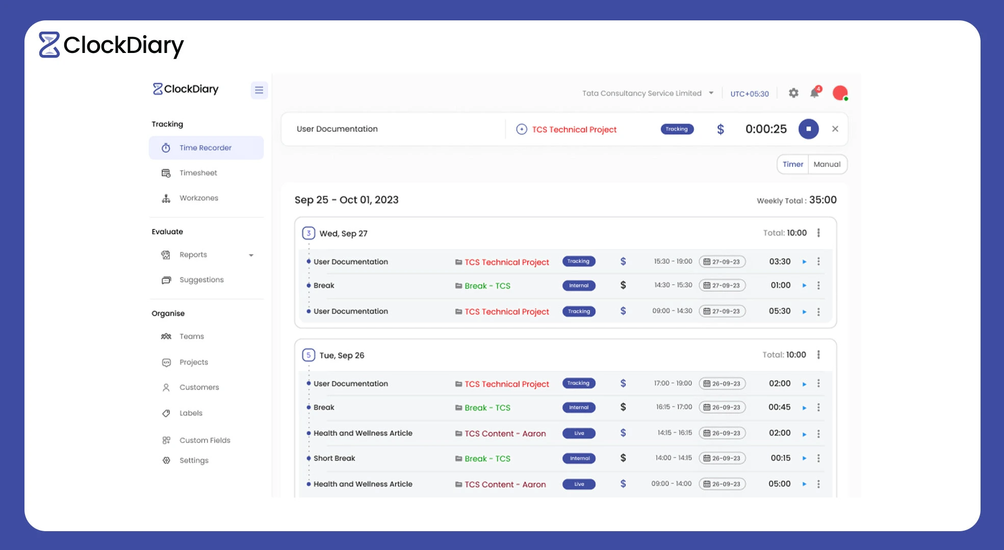Clockdiary Dashboard Page (Time Management App)