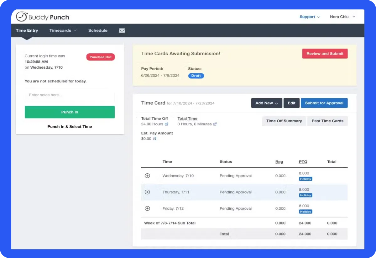 BuddyPunch Dashboard Page