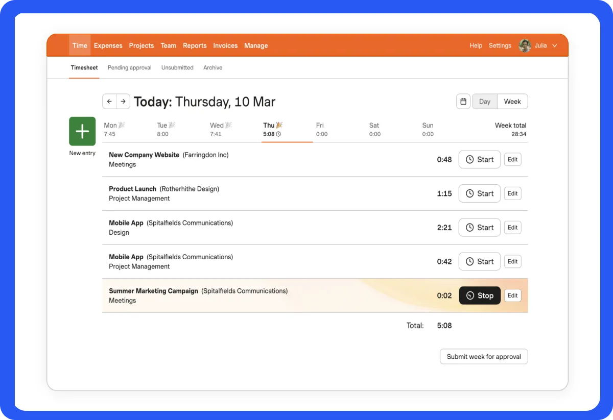 Harvest Timesheet Page