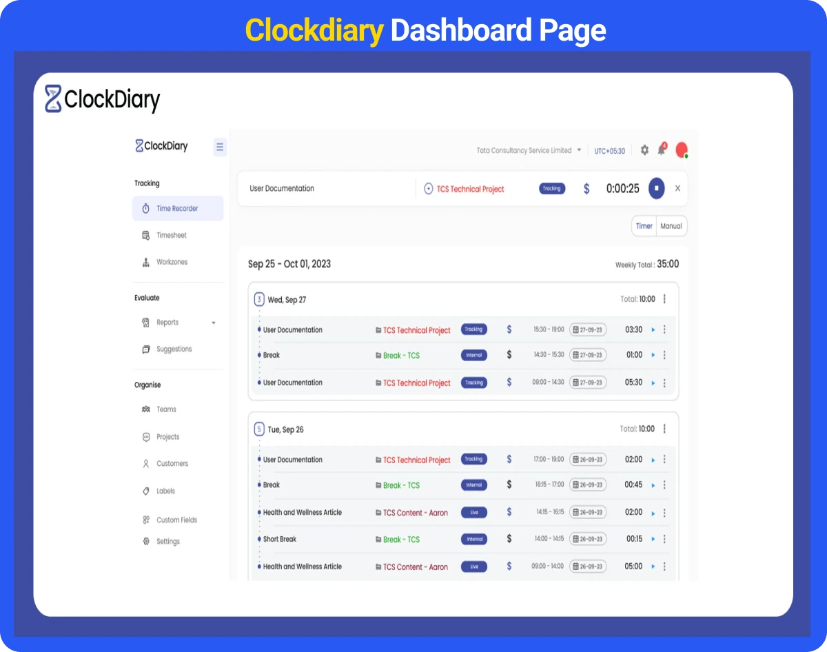 Clockdiary Dashboard Page