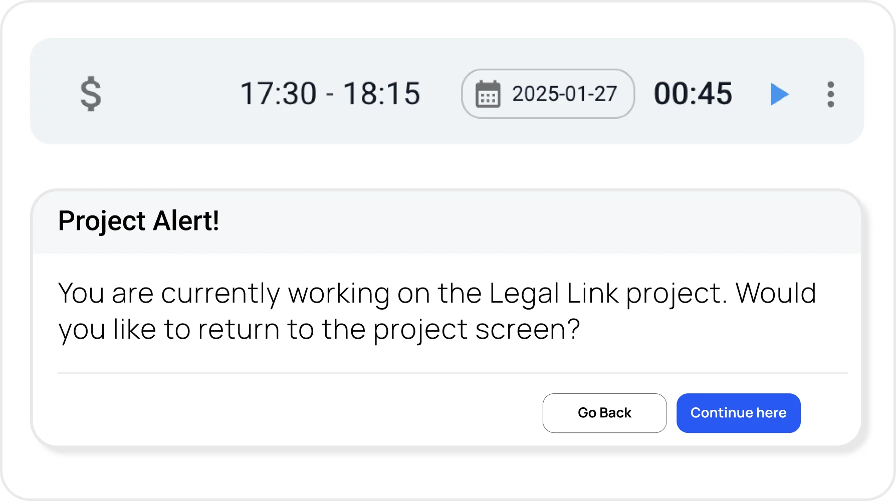 Time entry adjustment screen with project alert for returning to the project in Clockdiary