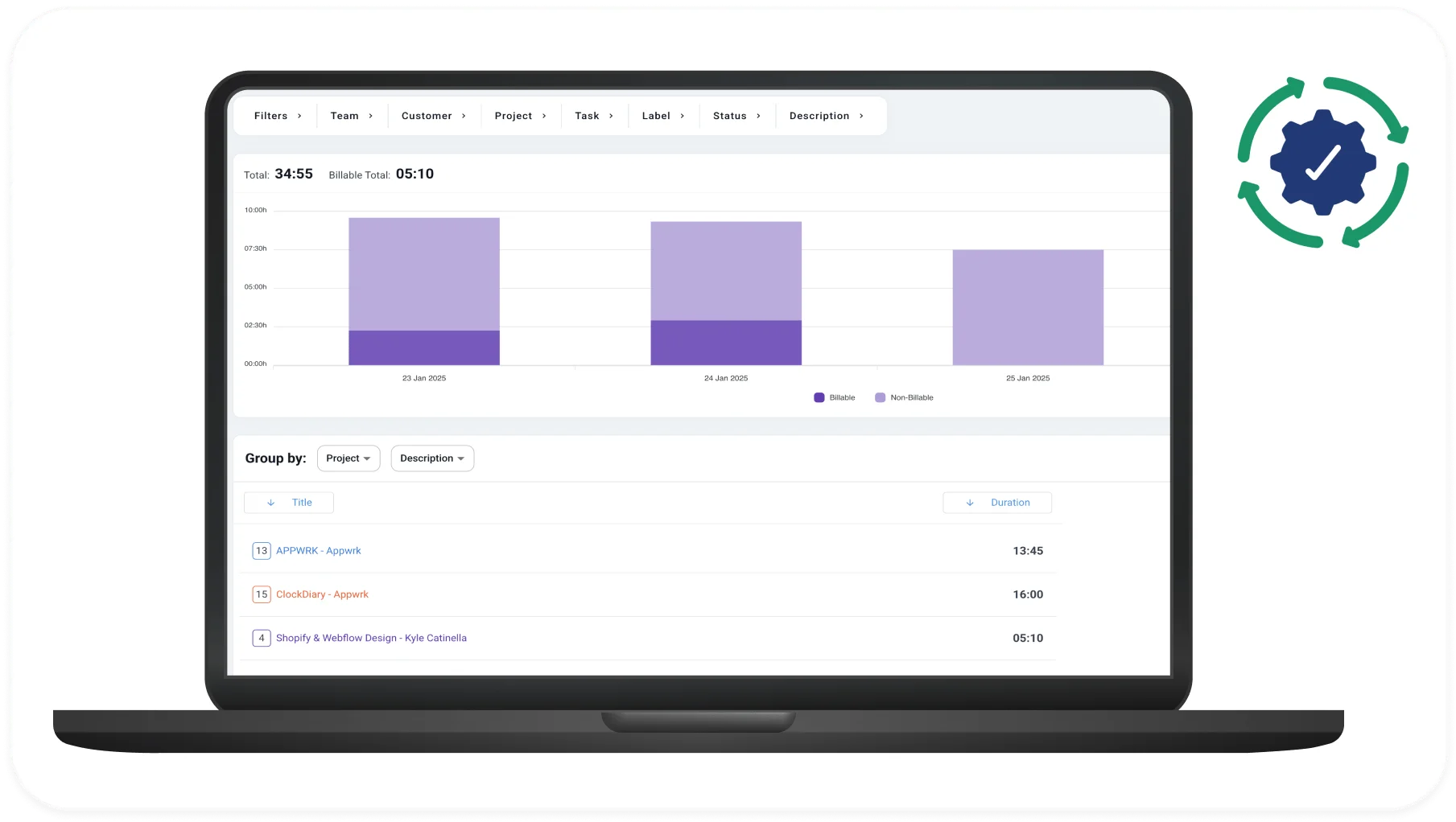 Clockdiary integration with accounting software displayed on laptop dashboar