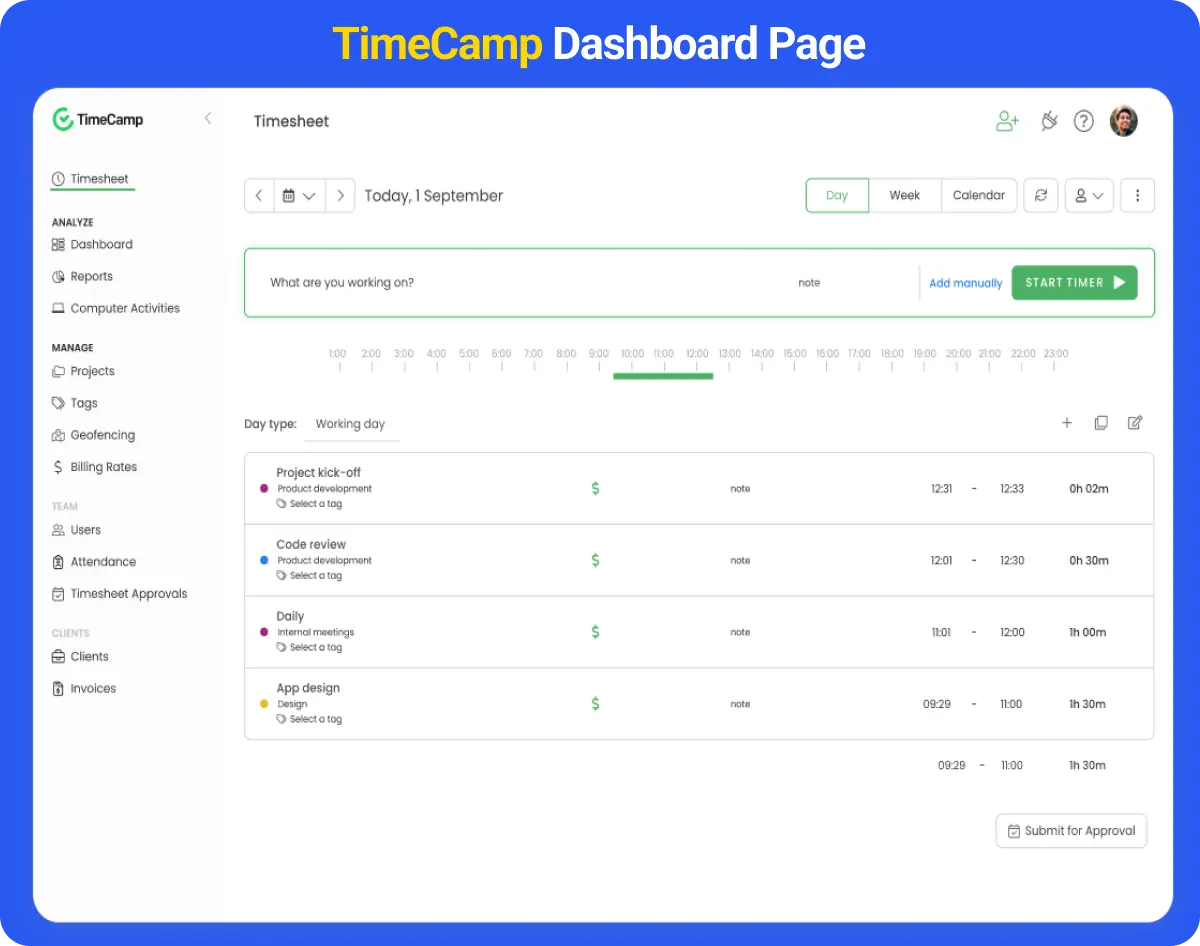 TimeCamp Dashboard Page