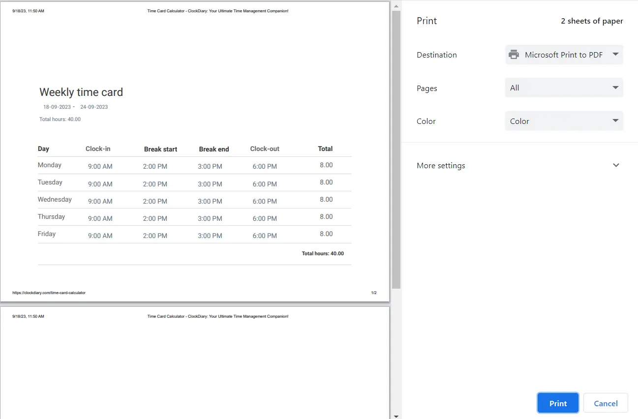Print Your Data from Time Card Calculator