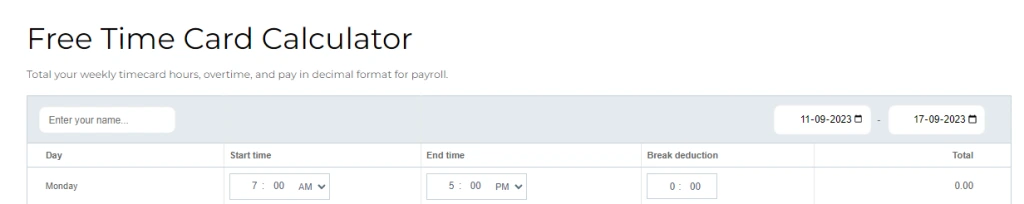 Calculate work hours in the time card calculator