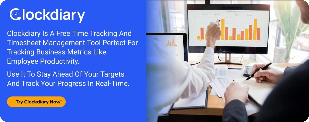 Clockdiary, the free time tracking and timesheet tool for monitoring business metrics like employee productivity. Track progress and stay on target in real-time.