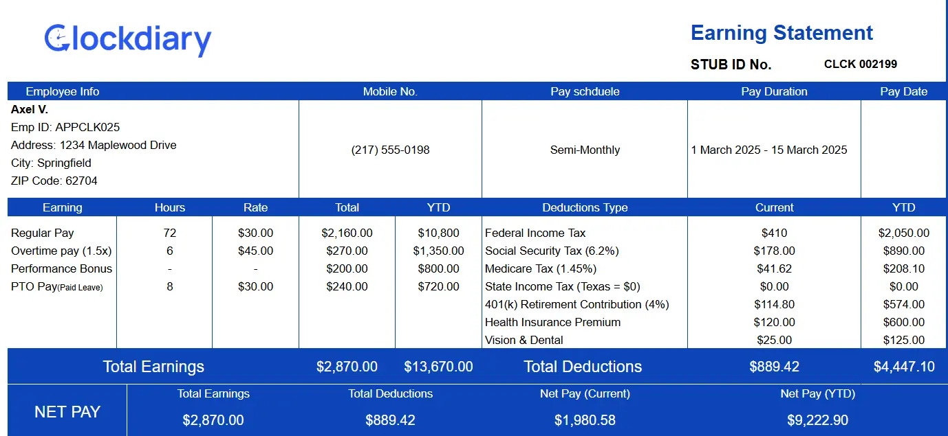 Comprehensive Pay Stub Template with Deductions and Benefits