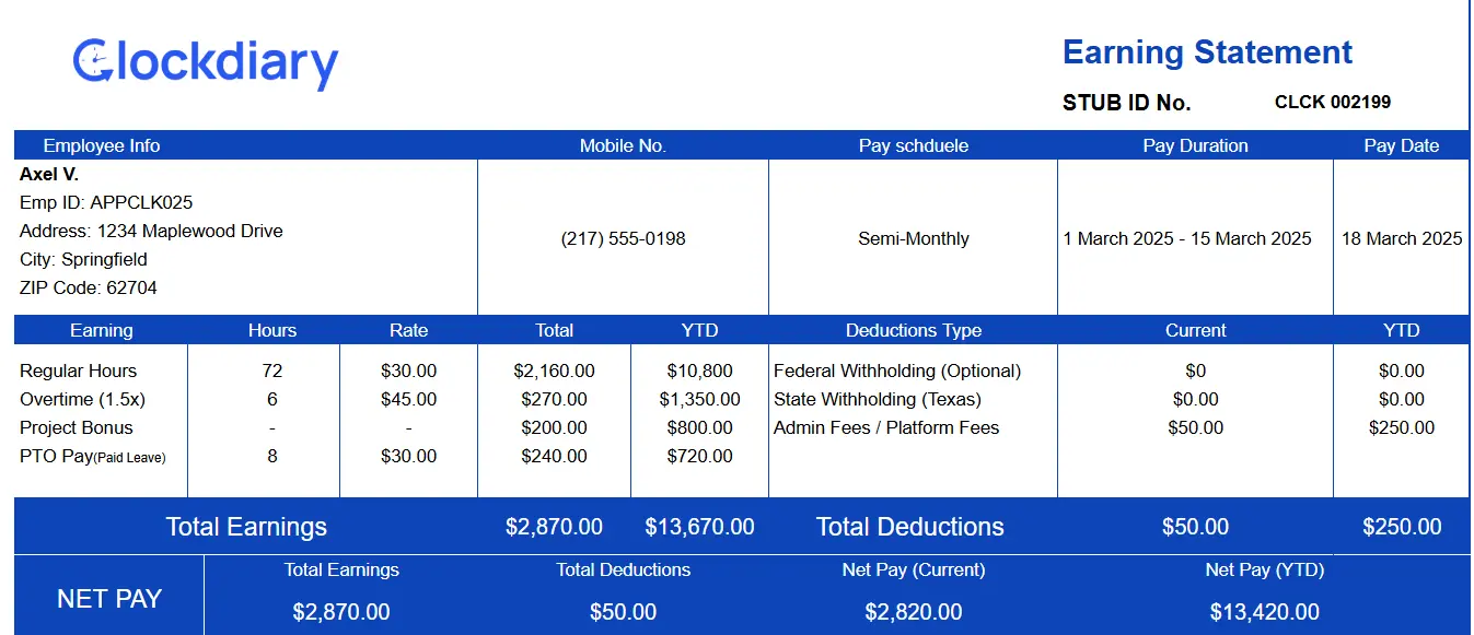Pay Stub Template for Contractors