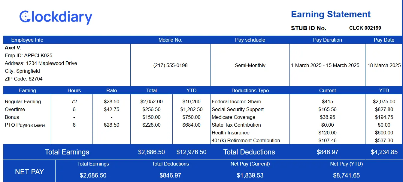 Pay Stub Template with PTO Tracking