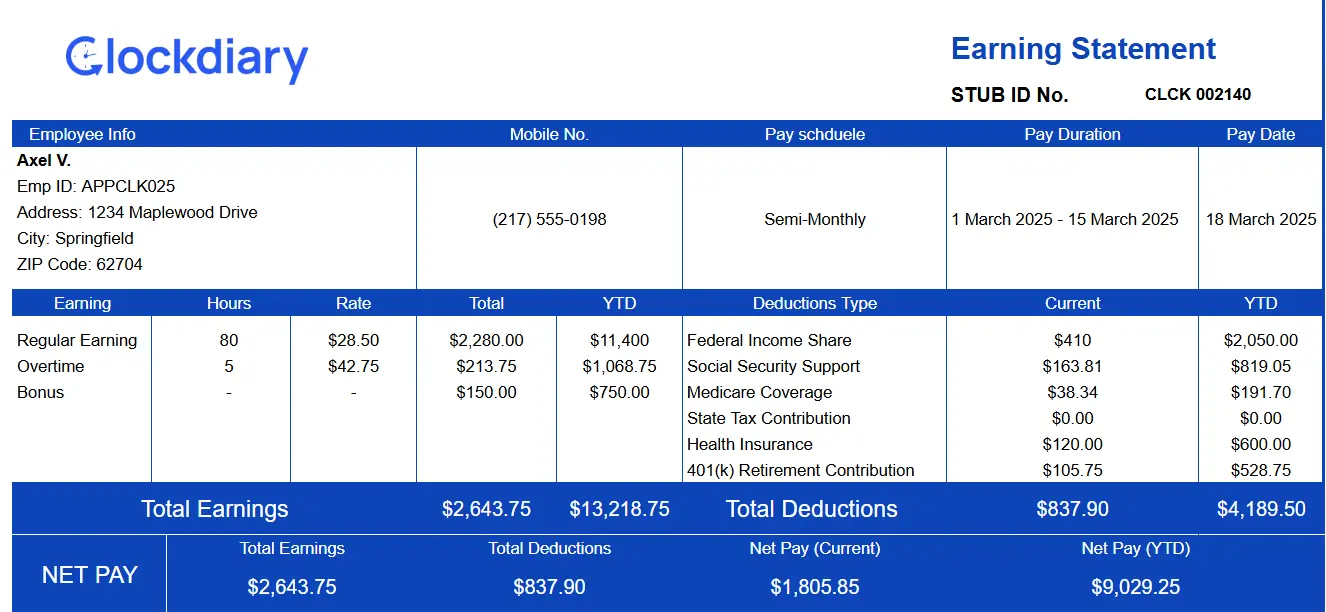 Pay Stub Template with Overtime Calculator