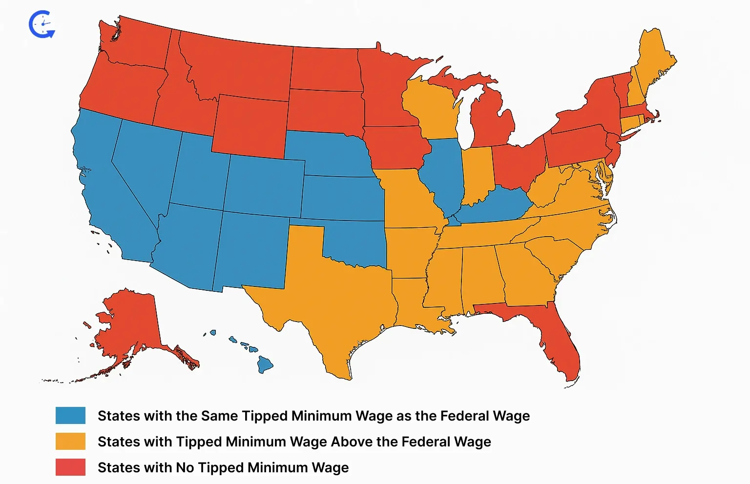US map showing tipped minimum wage by state