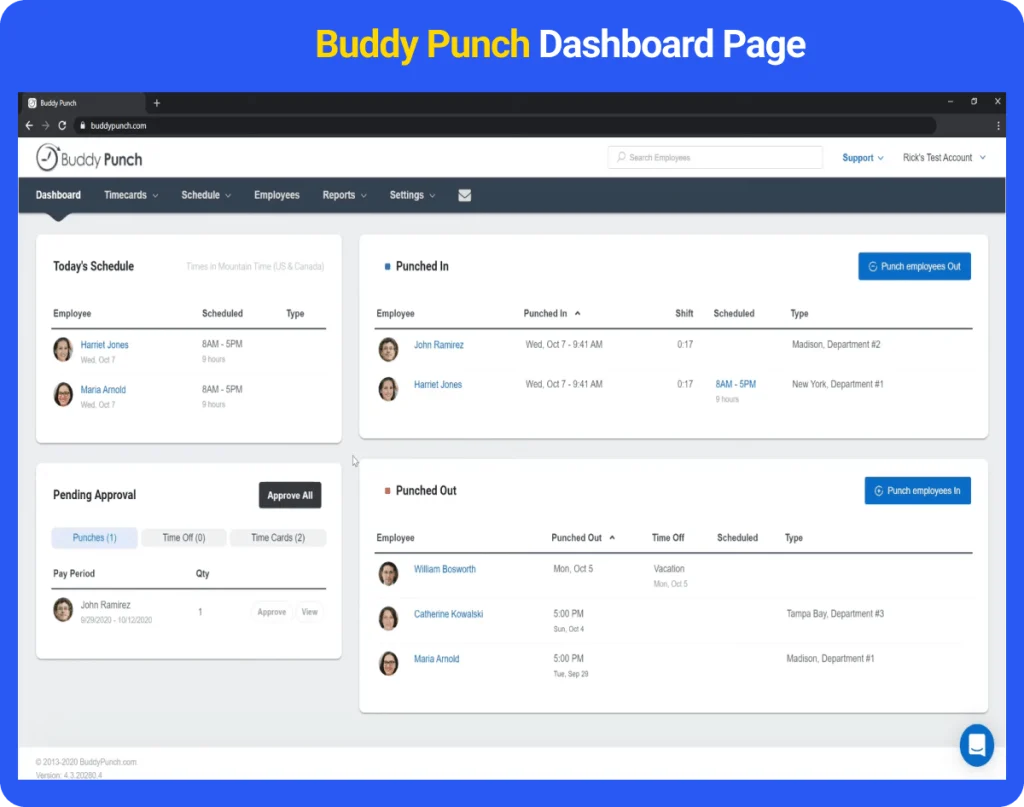 Buddy Punch dashboard – best time tracking apps with employee scheduling


