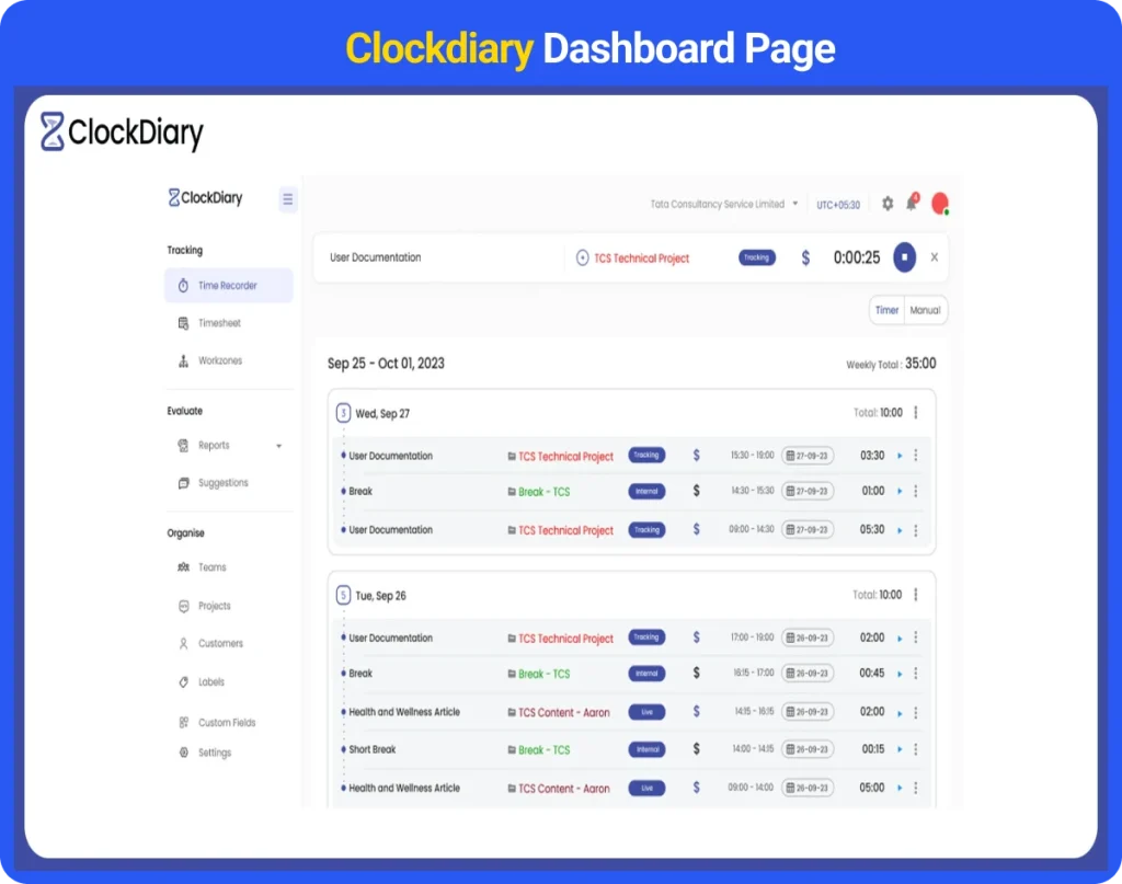 Clockdiary dashboard – best time tracking apps for teams