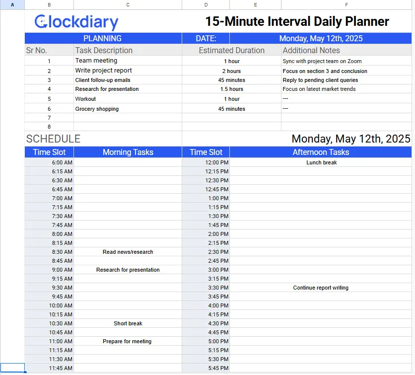 15- Minute Interval Daily Planner