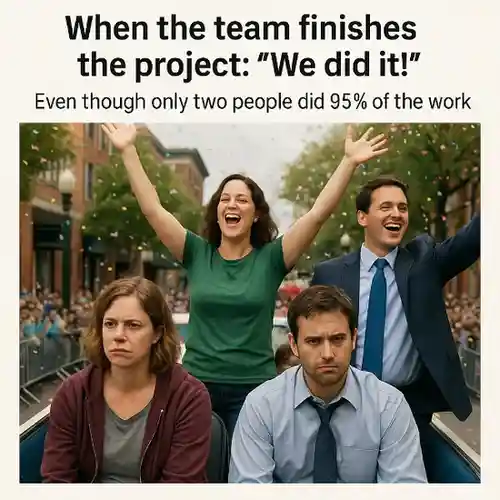 "When the team finally finishes the project: 'We did it!' – even though only two people did all the work."
