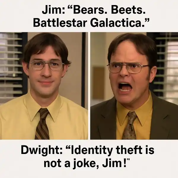 "Jim: 'Bears. Beets. Battlestar Galactica.'
 Dwight: 'Identity theft is not a joke, Jim!'"