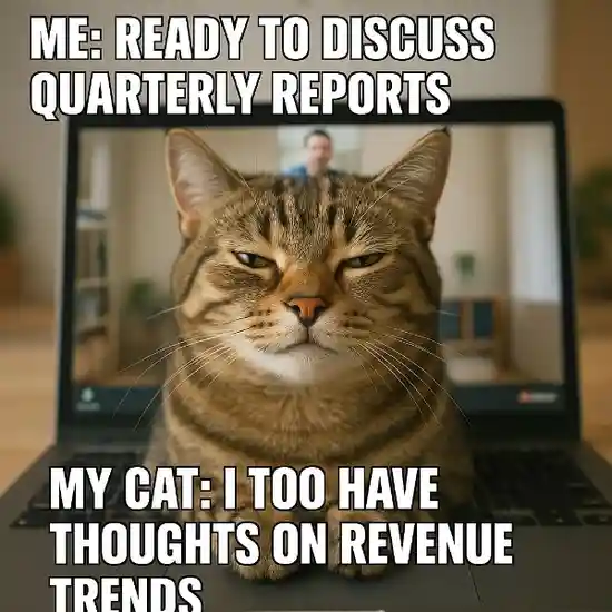 "When the Zoom call starts and your cat decides to join the meeting." Remote Work and Virtual Team Memes
