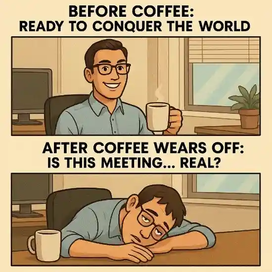 "That moment when your coffee wears off… and you're still at work." Office Life Memes