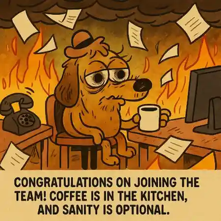 "Congratulations on joining the team! Coffee is in the kitchen, and sanity is optional."