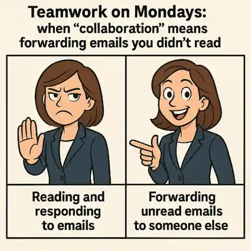 "Teamwork on Mondays: when 'collaboration' means forwarding emails you didn't read." Monday Teamwork Memes