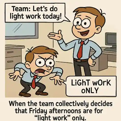 "When the team collectively decides that Friday afternoons are for 'light work' only”  Friday Teamwork Memes