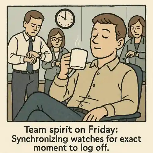 "Team spirit on Friday: Synchronizing watches for the exact moment to log off."