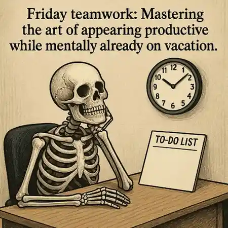 "Friday teamwork: Mastering the art of appearing productive while mentally already on vacation."