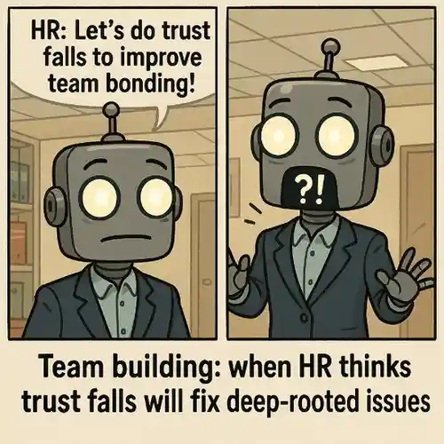 "Team building: when HR thinks trust falls will fix deep-rooted issues."