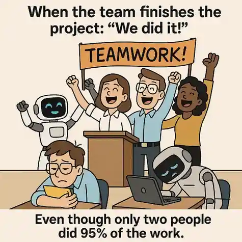 "When the team finally finishes the project: 'We did it!' – even though only SpongeBob did all the work."