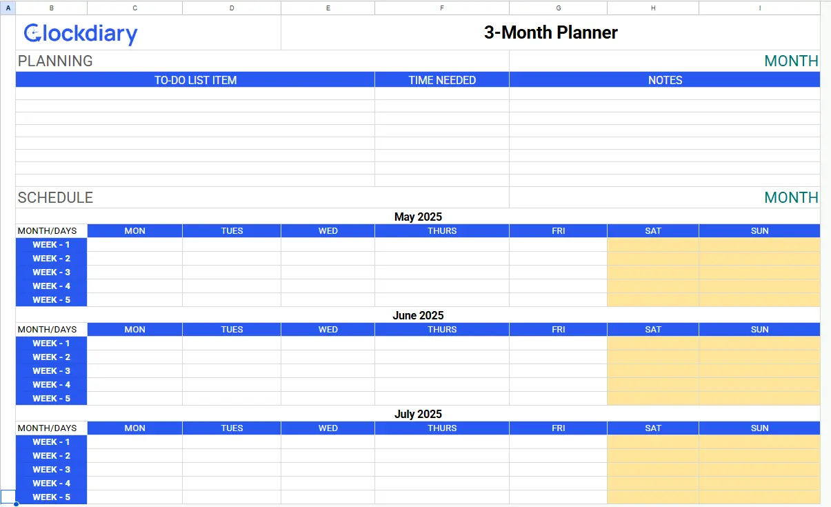 3- Month Planner Time Blocking Template