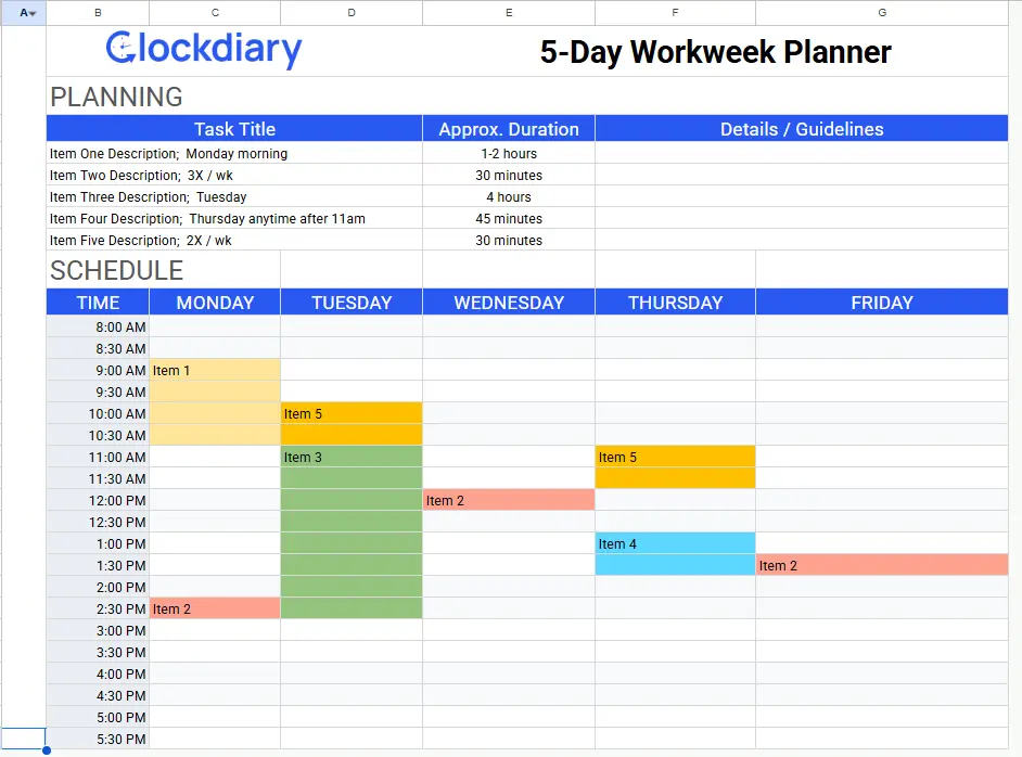 5-Day Workweek Planner